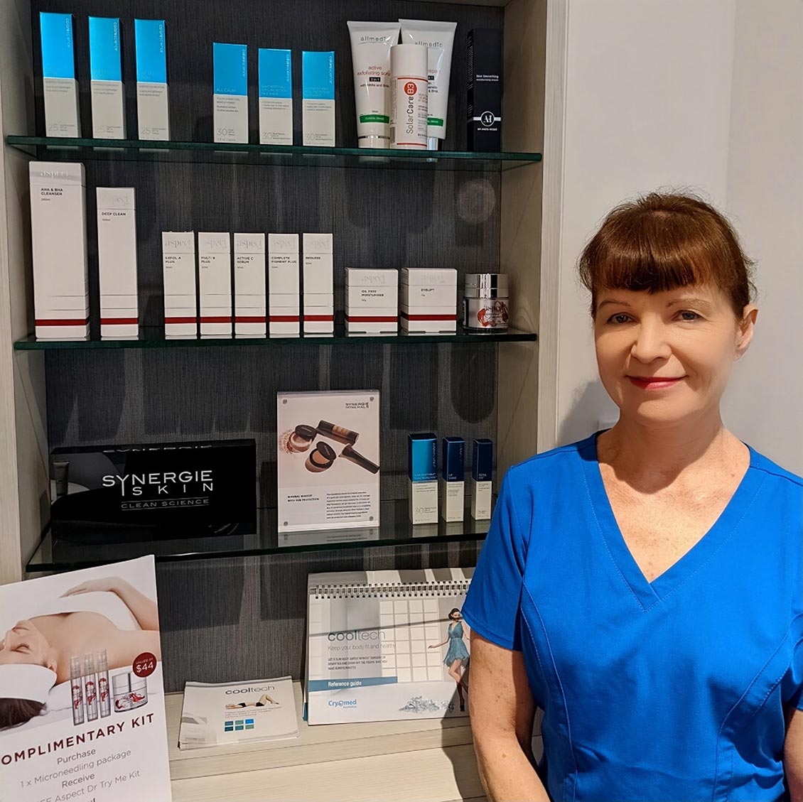 Dr Susan Austin with her clinic product display