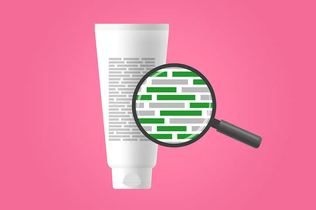 Stylised illustration of a magnifying glass focussing on ingredients list on a skin care product