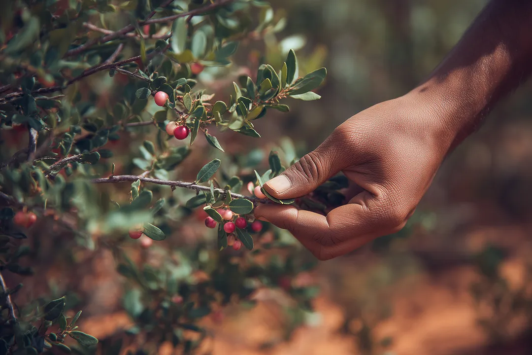 A person's hand plucking leaves off a bush