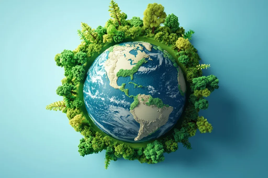 computer generated image of the Earth with trees sprouting from the surface