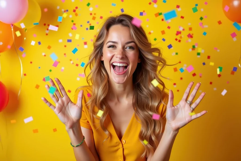Woman smiling and raising her hands while surrounded by confetti and balloons