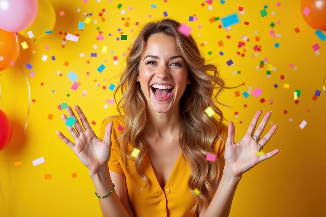 Woman smiling and raising her hands while surrounded by confetti and balloons
