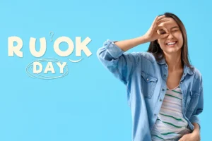 R U OK Day text and smiling young woman
