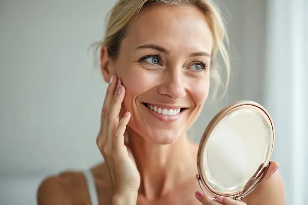 Smiling woman touching her face while holding a mirror