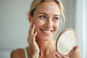Smiling woman touching her face while holding a mirror