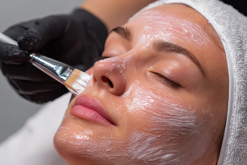 Closeup of a woman having skin care products brushed onto her face