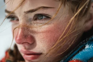 Young woman with freckles and red cheeks