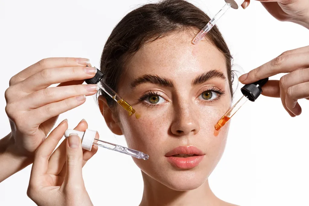 Young woman with multiple pipettes applying serums to her face