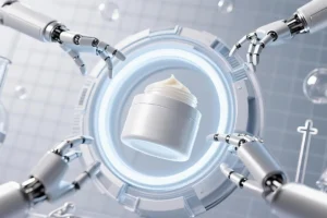 Robot arms reaching for a skincare product