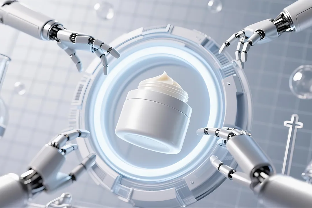 AI-Is-Changing-the-Skincare-World Robot arms reaching for a skincare product